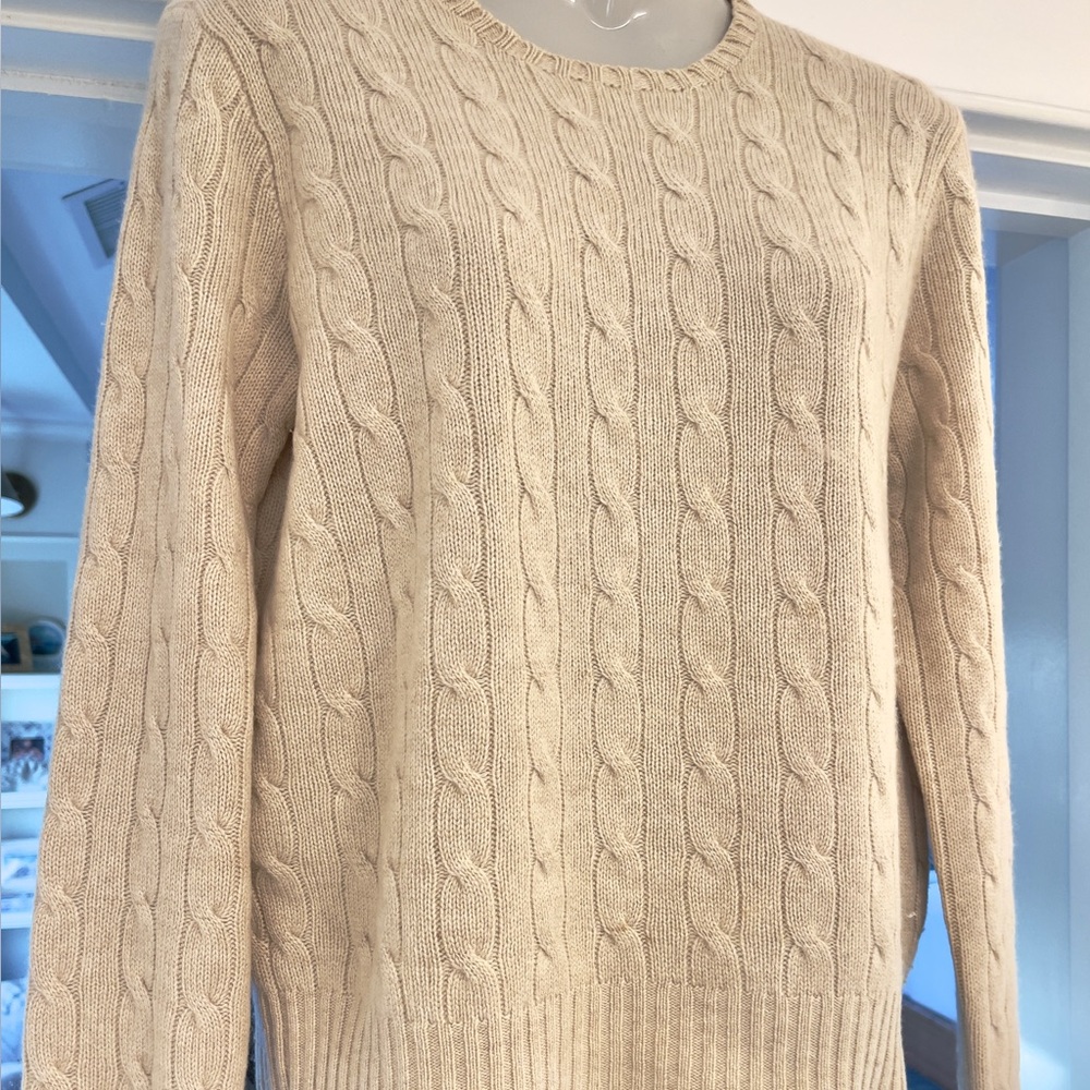 RALPH LAUREN Black Label Beige Iconic Cashmere Cable Knit Womens XL Sweater NWT